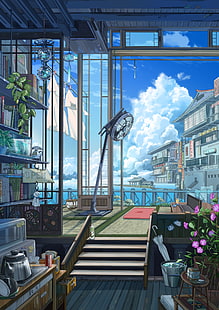 anime manzara, doğal, vantilatör, binalar, Anime, HD masaüstü duvar kağıdı HD wallpaper