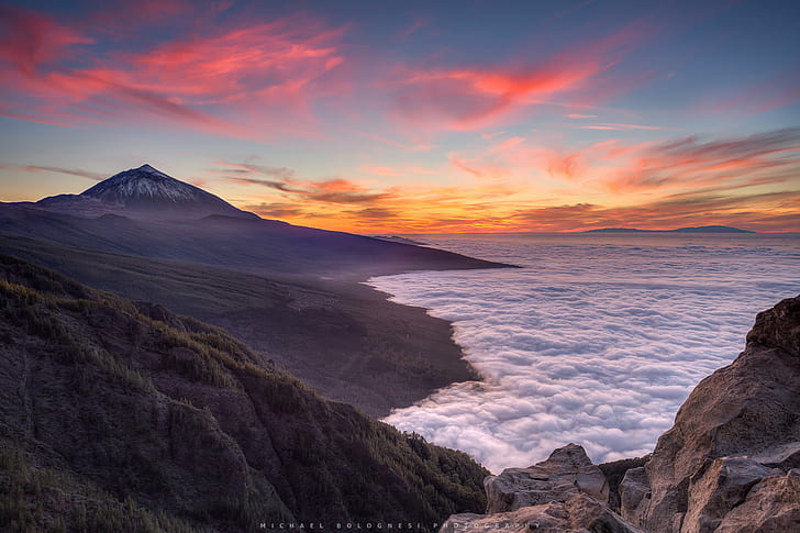 aerial photography of mountain during sunset, Holding up, Sky, aerial photography, mountain, Canarias, HDR, Landscapes, Sunset, Teide, Tenerife, Twilight, Canary Islands, Parque, Nacional, de, Amanecer, sea of clouds, Dusk, fog, nature, volcano, scenics, landscape, mountain Peak, outdoors, snow, sunrise - Dawn, HD wallpaper