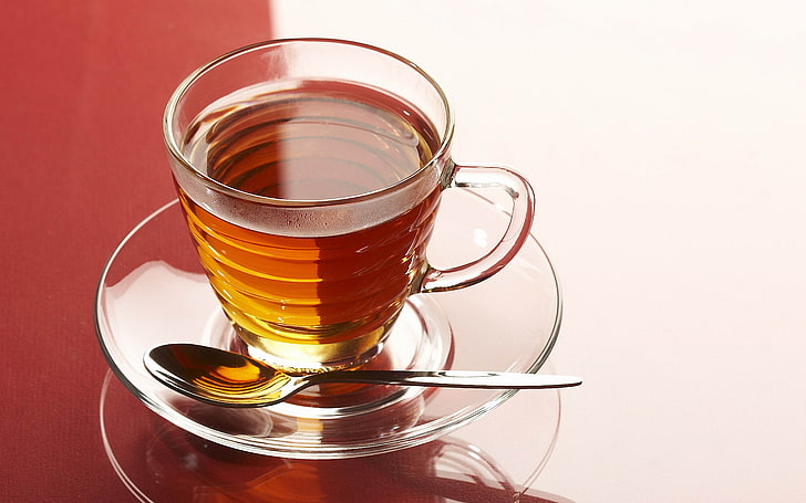 clear glass cup with sacuer, tea, spoon, saucer, HD wallpaper