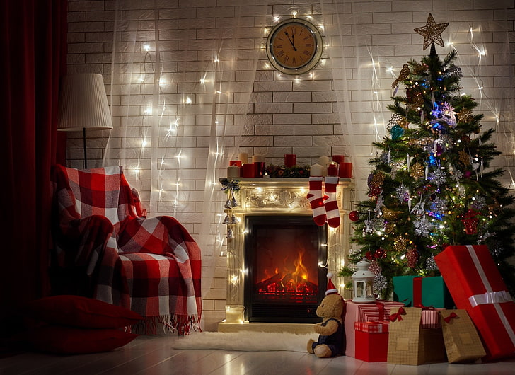 Празник, Коледа, коледни орнаменти, коледно дърво, камина, подарък, стая, HD тапет