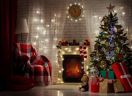 Festività, Natale, Ornamenti natalizi, Albero di Natale, Camino, Regalo, Camera, Sfondo HD HD wallpaper
