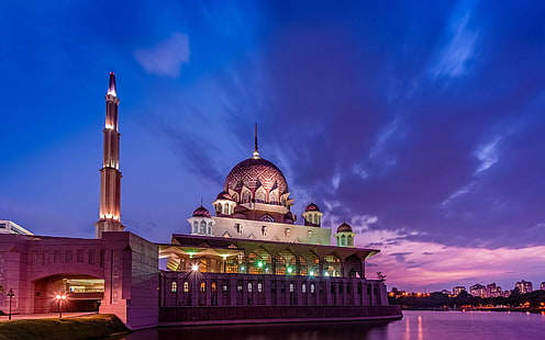 Byggnader, byggnad, Indonesien, moské, natt, Putra-moskén, Putrajaya, HD tapet HD wallpaper
