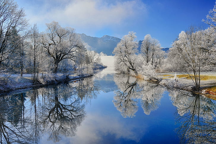 photo of body of water surrounded with trees, Happy New Year, photo, body of water, trees, winter, bavaria, kochelsee, loisach, Bayern, mirror, ice, icy, river, alps, Alpen  Germany, Deutschland, Nebel, fog, Nikon  Nikkor, lee, ngc, nature, tree, lake, water, outdoors, landscape, reflection, scenics, forest, autumn, blue, sky, snow, beauty In Nature, HD wallpaper