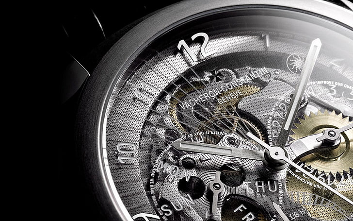 round mechanical watch, macro, watch, mechanism, HD wallpaper