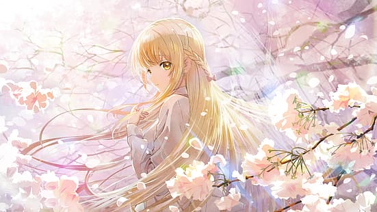 anime girls, Mahiru Shiina, yeux jaunes, blonde, nature, Fond d'écran HD HD wallpaper