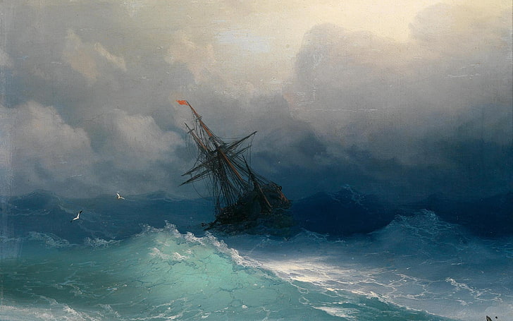 Etendue d'eau, peinture, Ivan Aivazovsky, mer, bateau, mouettes, vagues, art classique, Fond d'écran HD