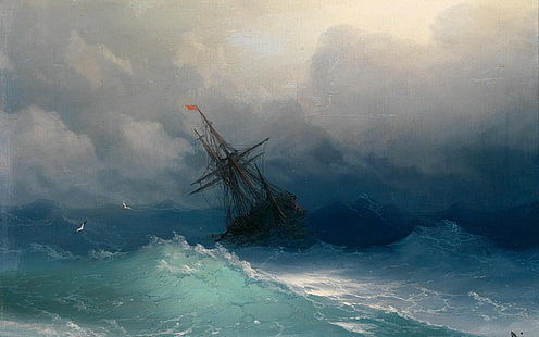 corpo de pintura a água, pintura, Ivan Aivazovsky, mar, navio, gaivotas, ondas, arte clássica, HD papel de parede HD wallpaper