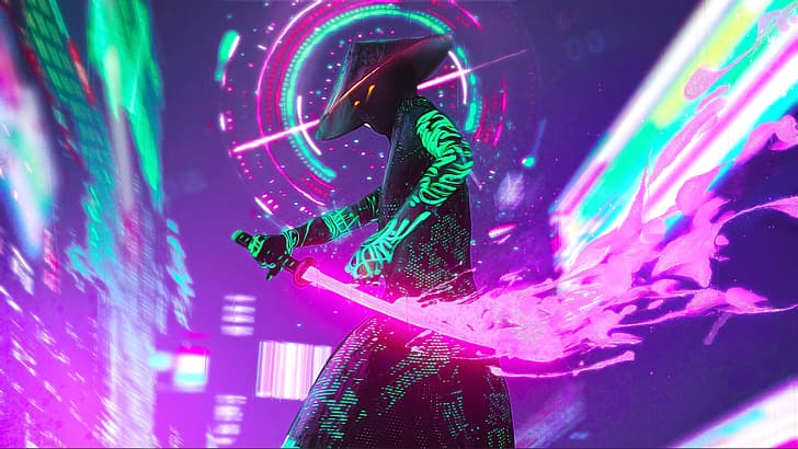 samurai, neon, cyberpunk, Wallpaper HD