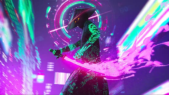  samurai, neon, cyberpunk, HD wallpaper HD wallpaper