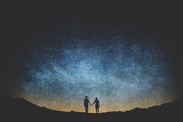 man and woman holding hands under starry sky wallpaper, stars, people, HD wallpaper