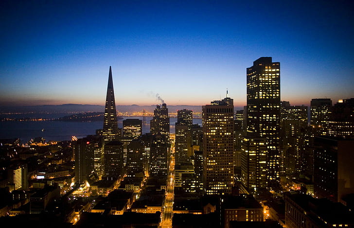 aerial photography city view at night, Morning, aerial photography, city view, at night, San Francisco, sunrise, Transamerica Building, sky, skyline, architecture, Downtown, Financial District, save, delete, California  United States of America, USA, Transamerica Pyramid, William L. Pereira, William  Pereira, William Pereira, urban Skyline, cityscape, skyscraper, night, city, famous Place, urban Scene, sunset, downtown District, dusk, new York City, HD wallpaper