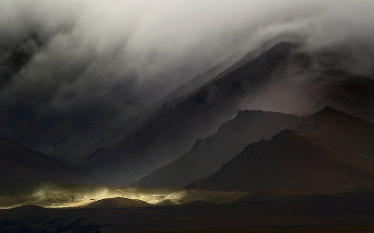 landschaft, beschaffenheit, nebel, finster, berge, wolken, HD-Hintergrundbild