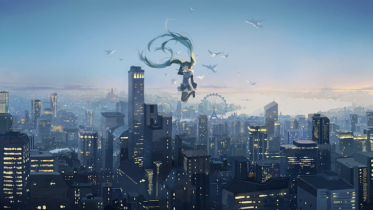 vocaloid, hatsune miku, paysage urbain, tomber, oiseaux, grande roue, Anime, Fond d'écran HD