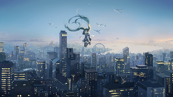 vocaloid, hatsune miku, cityscape, falling down, birds, ferris wheel, Anime, HD wallpaper HD wallpaper