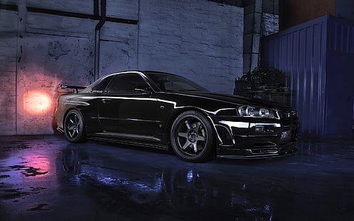 Nissan Skyline R34 GTR V black car, night, Nissan, Skyline, Black, Car, Night, HD wallpaper HD wallpaper