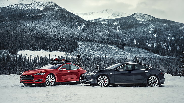 Tesla Modell S P85D, schnellste Elektroautos, Sportwagen, Elektroautos, Geländewagen, schwarz, rot, HD-Hintergrundbild