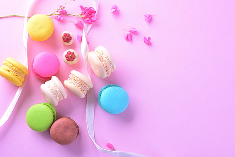 flowers, background, pink, petals, colorful, dessert, cakes, sweet, macaroon, french, macaron, tender, HD wallpaper HD wallpaper