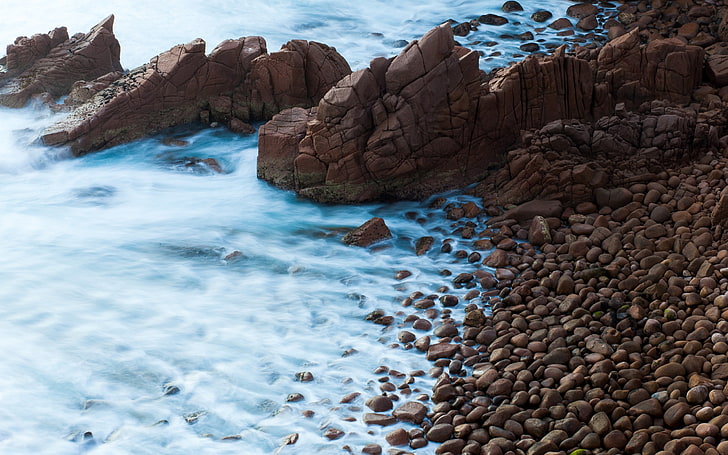 brown and white wooden fence, nature, landscape, beach, rock, water, stones, blue, HD wallpaper