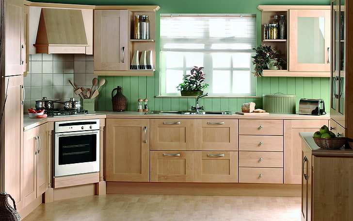 brown wooden modular kitchen, design, house, style, Villa, interior, kitchen, HD wallpaper