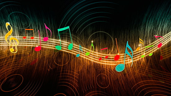 art numérique musique notes de musique lignes ondulées cercles coloré rougeoyante clé de sol, Fond d'écran HD HD wallpaper