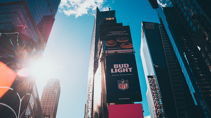 Bud Light NFL billboard, New York City, Times Square, commercial, building, sun rays, city, HD wallpaper