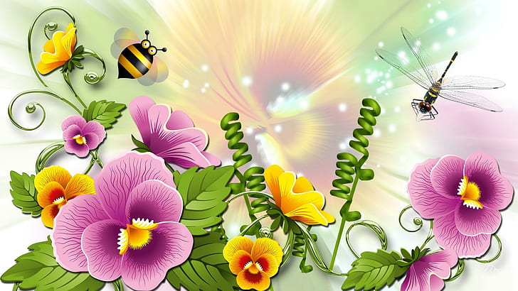 Pensamientos para el verano, libélulas, abejas, brillante, primavera, pensamientos, abstracto, amarillo púrpura, violetas, libélula, oro, color, Fondo de pantalla HD