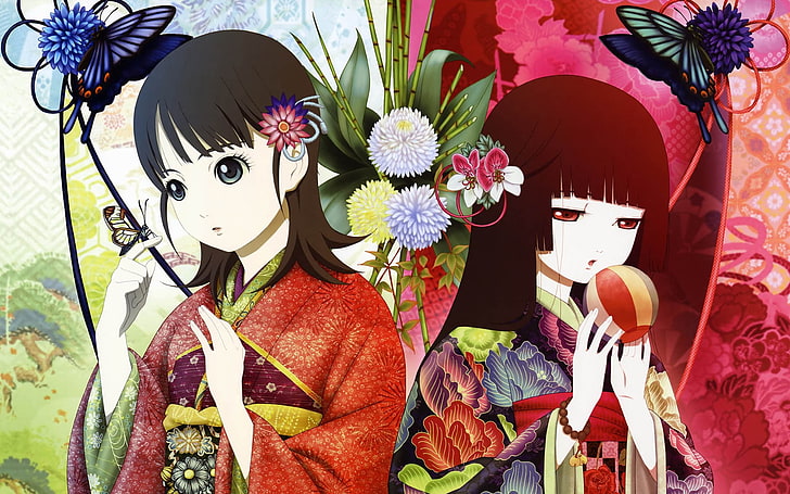 Enma Ai, animeflickor, Jigoku Shoujo, fjäril, blommor, Tsugumi Shibata, blomma i hår, ballong, HD tapet