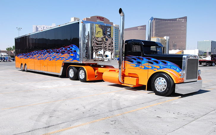 Trucks, black orange and blue fire print trailer truck, Trucks, HD wallpaper