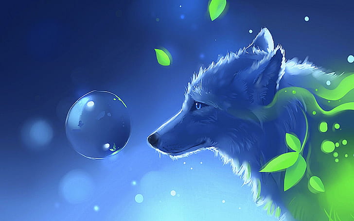 Spirit of Plants, white wolf on front of bubble illustration, lovely, paintings, cool, creative-pre--made, softness-beauty, drawings, leaves, green, colors, animals, HD wallpaper