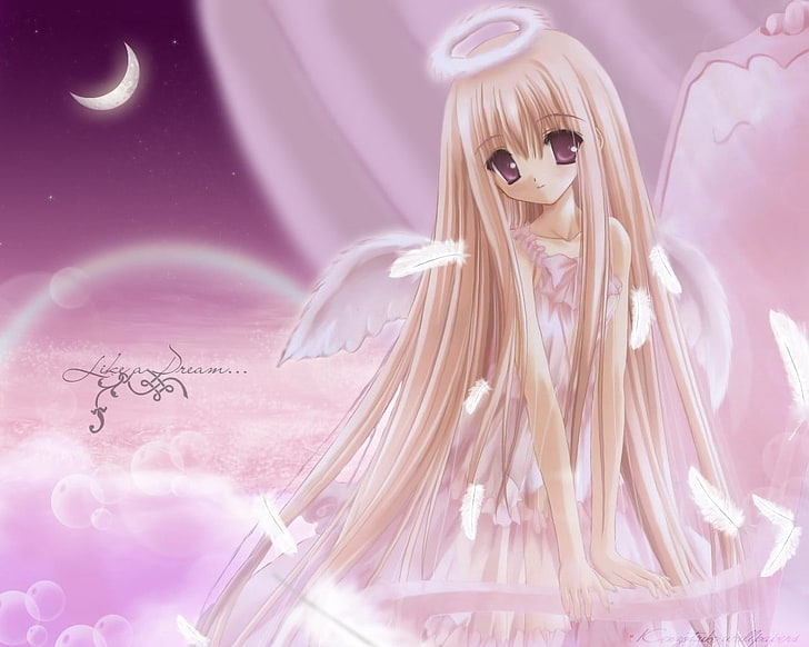 Ilustración de ángel de niña de pelo rosa, anime, niña, ángel, ninfas, luna, alas, plumas, Fondo de pantalla HD