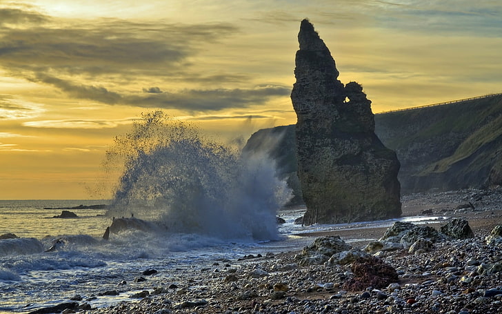 formación de roca gris, paisaje, olas, rocas, costa, acantilado, mar, Fondo de pantalla HD