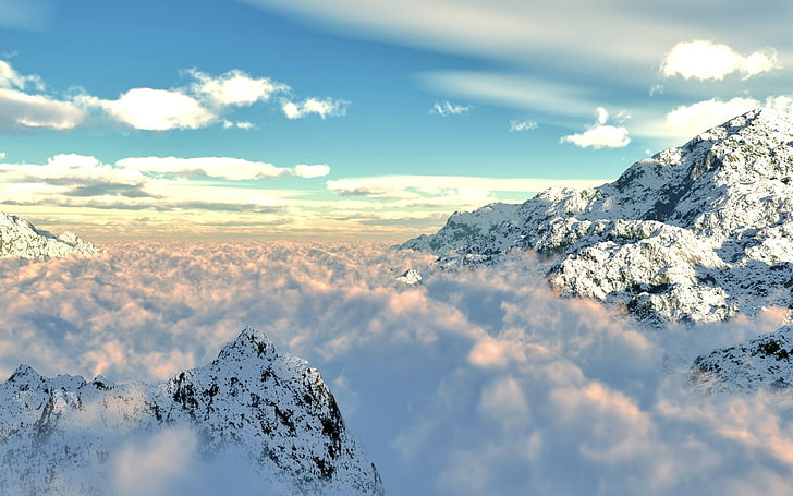 mountains and clouds, mountains, clouds, height, snow, azure, purity, veil, patterns, cover, clarity, HD wallpaper