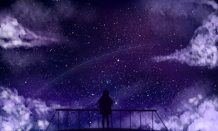anime kız, siluet, yıldız, düşen yıldız, bulutlar, Anime, HD masaüstü duvar kağıdı