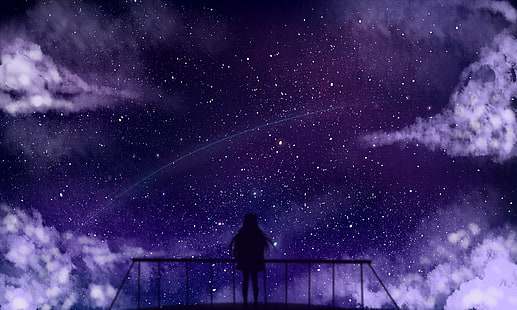 anime girl, silhouette, stars, falling star, clouds, Anime, HD wallpaper HD wallpaper