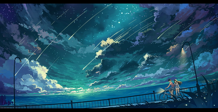 двойка езда на велосипед близо до метален парапет под падащи звезди илюстрация, небе, момиче, звезди, облаци, пейзаж, природа, мотор, океан, аниме, изкуство, светлини, човек, haraguroi ти, HD тапет