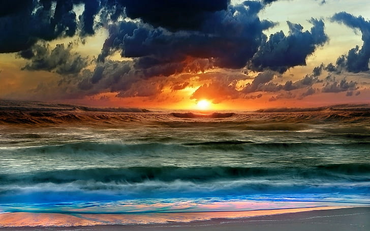 chmury, zachód słońca, woda, morze, fale, plaża, niebo, Tapety HD