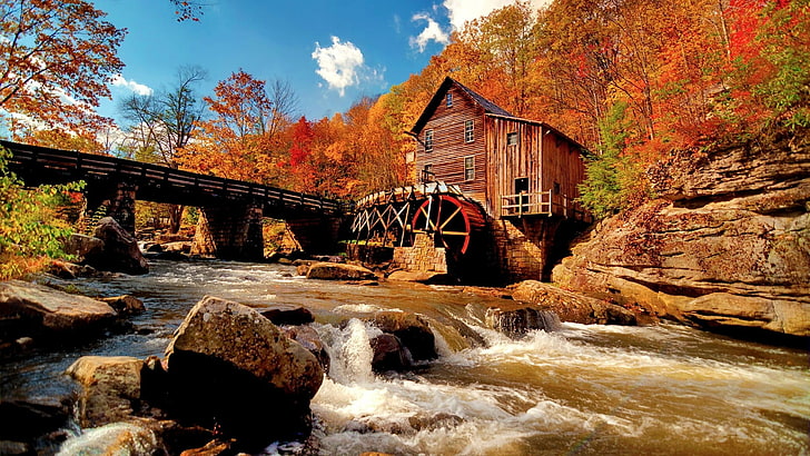 mill, united states, west virginia, babcock state park, rock, bridge, bank, creek, landscape, nature, tree, river, water mill, stream, autumn, leaf, water, HD wallpaper