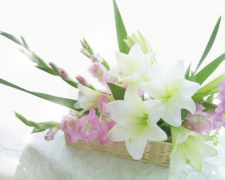 white flowers, lilies, gladiolus, flowers, box, composition, tenderness, tablecloth, HD wallpaper