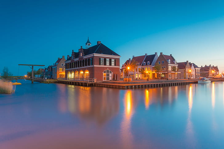 brown and white lighted house photography, brown, white, house, photography, Blue  Hour, Nederland, Holland, Netherlands, Friesland, Nacht, Water, night, architecture, dusk, reflection, illuminated, canal, river, famous Place, HD wallpaper