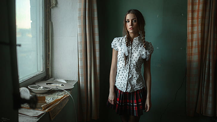 schoolgirl, shirt, Georgy Chernyadyev, braids, skirt, plaid, women, Ksenia Kokoreva, twintails, auburn hair, HD wallpaper