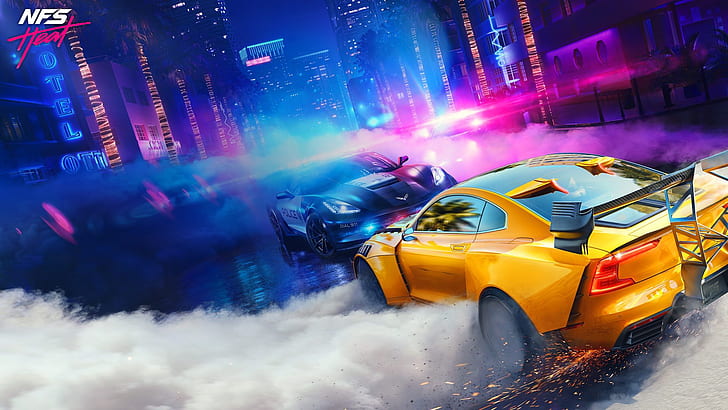 Polestar Racing, Need for Speed, heat, Corvette, police, Retrowave, Miami, smoke, blue, purple, HD wallpaper