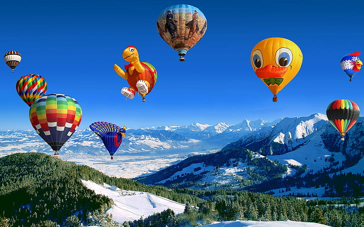 Divertenti mongolfiere, aria, palloncini, volare, cielo, montagne, Sfondo HD