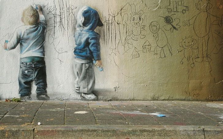 children, draw, drawing, graffiti, wall, HD wallpaper