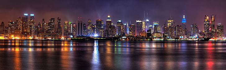 high rise buildings, New York City, city, night, lights, reflection, multiple display, dual monitors, HD wallpaper