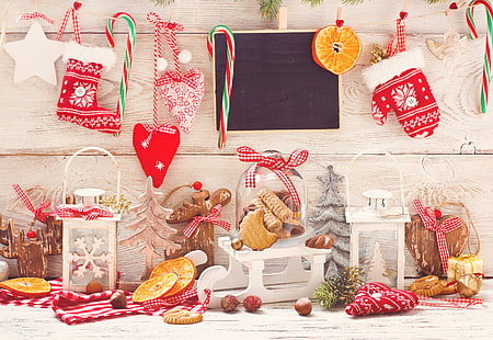 разнообразен коледен декор много, сняг, декорация, топки, Нова година, Коледа, Коледа, бисквитки, Весела, HD тапет HD wallpaper