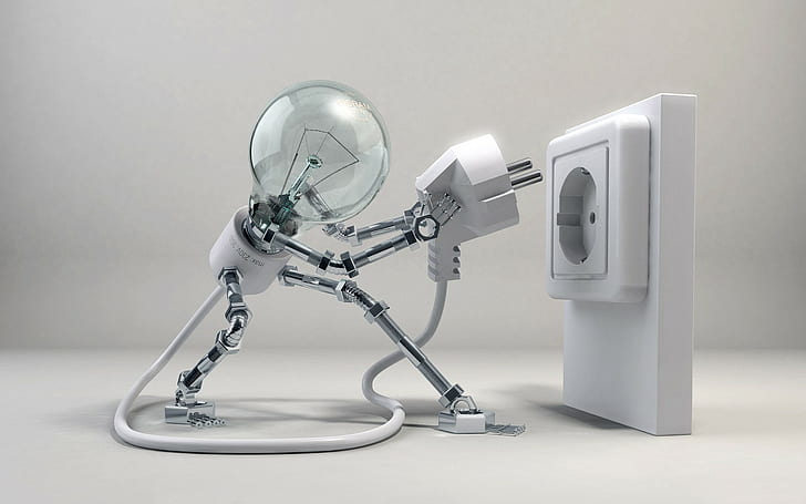 robot, lightbulb, digital art, HD wallpaper