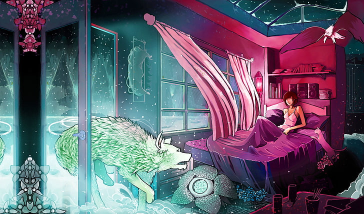 wolf illustration, cat, color, light, snow, trees, flowers, room, animal, the wind, bird, patterns, books, Windows, bed, wolf, the door, gentle, guy, curtains, drives, cold, Interloper, HD wallpaper