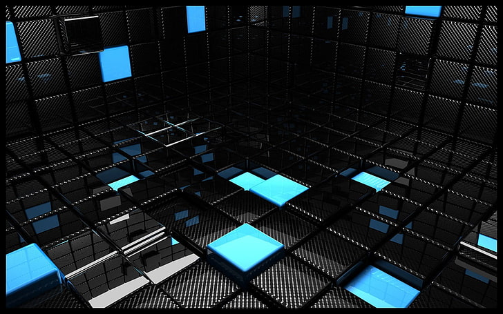 niebieskie i czarne kafelki tapeta cyfrowa, abstrakcja, bloki 3D, Tapety HD