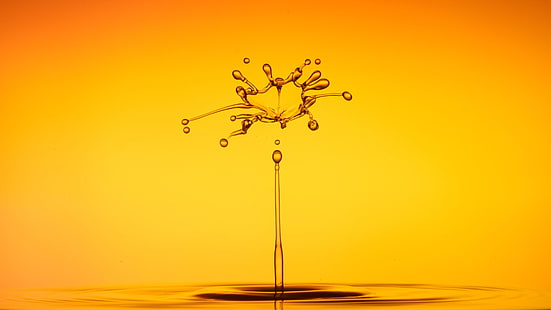 gold, drop, waterdrop, droplets, orange, yellow, splash, HD wallpaper HD wallpaper
