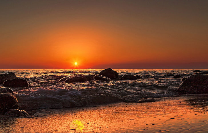 หินบนเนื้อน้ำทะเลดวงอาทิตย์ชายหาดหินคลื่นธรรมชาติ, วอลล์เปเปอร์ HD